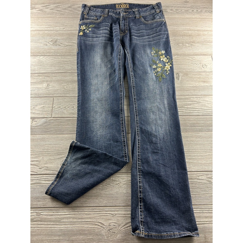 Rock & Roll Cowgirl Jeans Womens 32X34 Floral Embroidery Mid Rise Boot Blue
